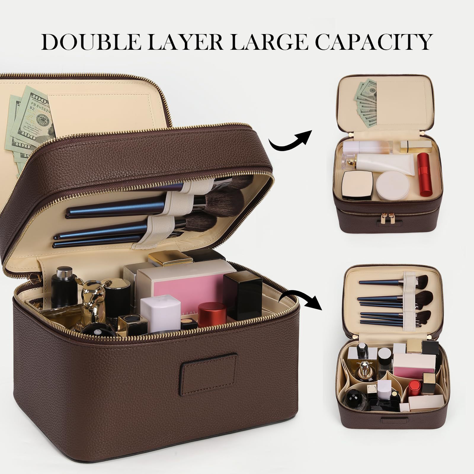 Luxury Bags Leather - กระเป๋าเครื่องสำอางค์สองชั้นขนาดใหญ่ ดีไซน์หรูหรา สำหรับเดินทาง พร้อมหูหิ้ว พกพาสะดวก ทำจากหนัง